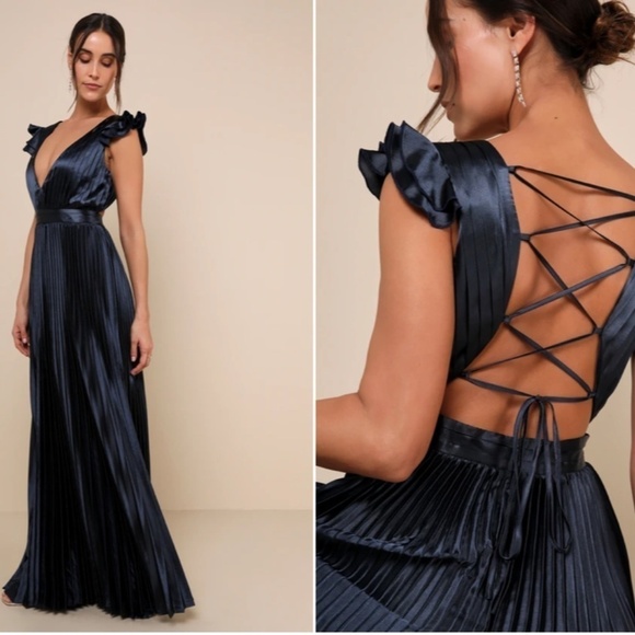 LULU's Sexy Chic Prom Wedding Bridesmaid Satin Ruffle Lace Up Back Maxi Dress - Picture 3 of 4